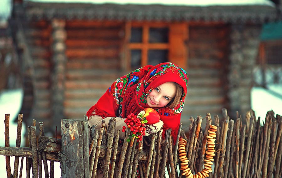 Sexy girl Women in Slavic costumes in Athens